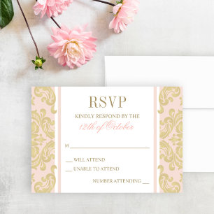 Elegant Blush Pink and Gold Damask Baby Baptism RSVP Card