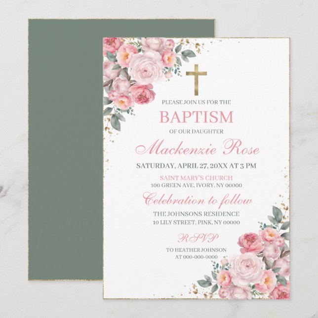 Elegant Blush Pink and Gold Floral Baptism Invitation (Front/Back)