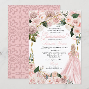 Elegant Blush Pink and Gold Floral Quinceanera Inv Invitation