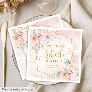 Elegant Blush Pink and Gold Floral Sweet Sixteen  Napkin