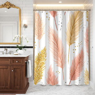 Elegant Blush Pink and Gold Glitter Pampas Grass  Shower Curtain