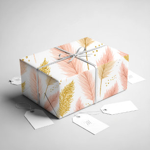 Elegant Blush Pink and Gold Glitter Pampas Grass Wrapping Paper