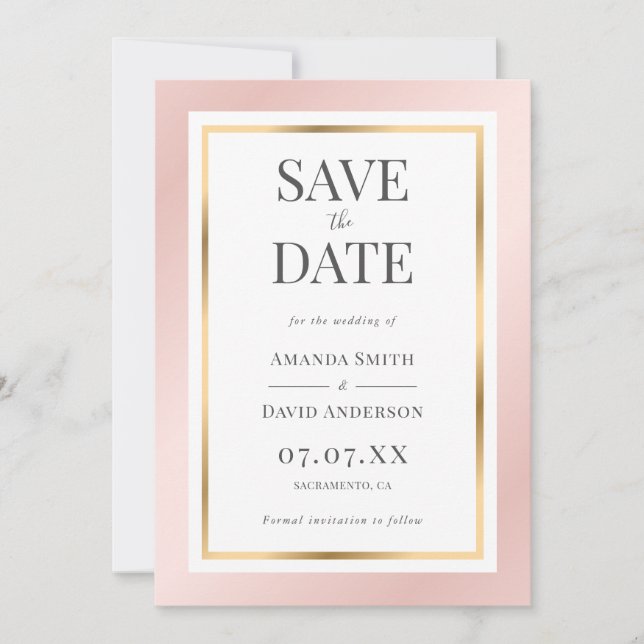 Elegant Blush Pink and Gold Wedding Save The Date (Front)