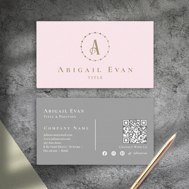 Elegant Blush Pink and Grey Glitter Gold Monogram Business Card (Elegant Blush Pink and Gray Glitter Gold Monogram Business Card)