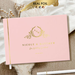 Elegant Blush Pink and Real Foil Monogram Wedding Guest Book