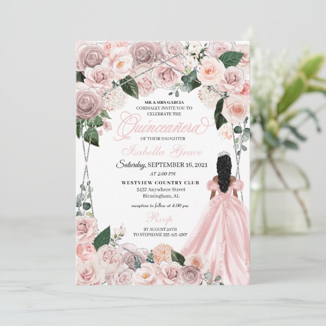 Elegant Blush Pink and Silver Floral Quinceanera I Invitation (Standing Front)