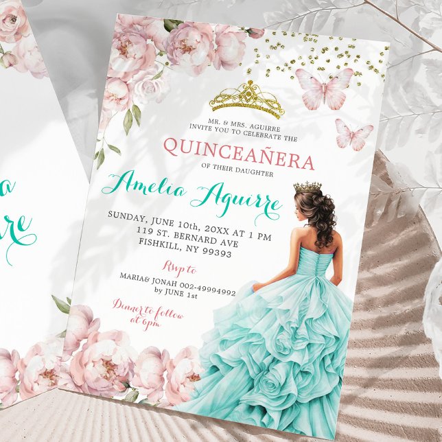 Elegant Blush Pink and Teal Floral Quinceañera Invitation (Creator Uploaded)