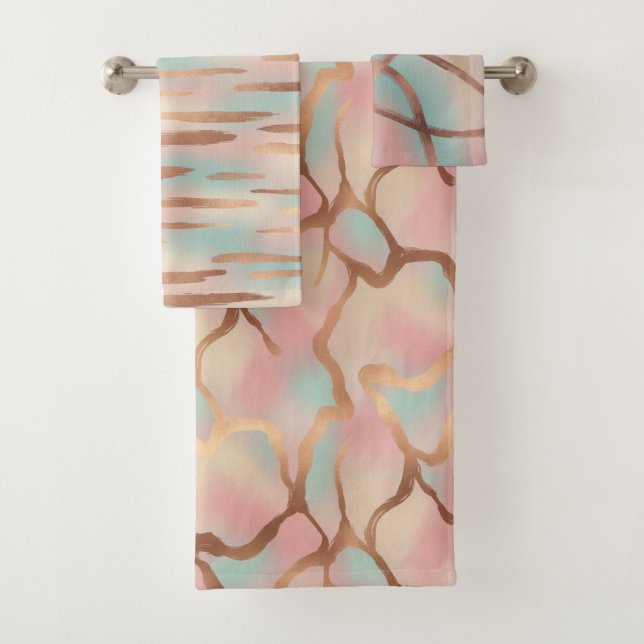 Elegant Blush Pink, Aqua & Gold Seamless Pattern Bath Towel Set (Insitu)