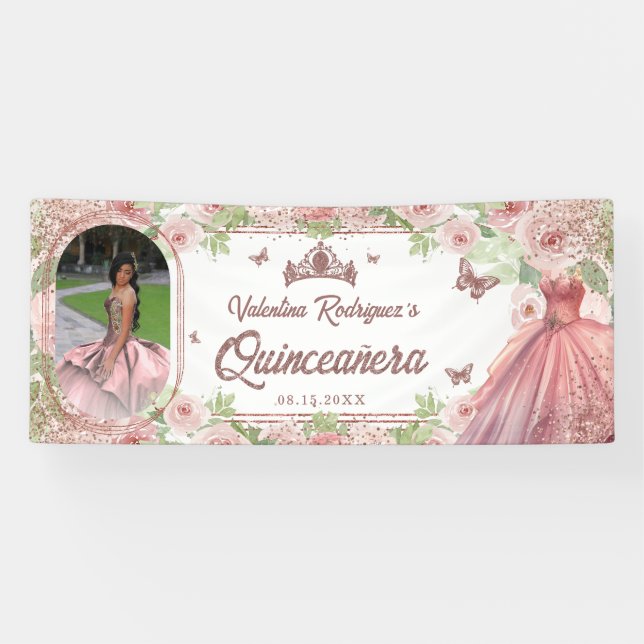 Elegant Blush Pink Birthday Quinceanera Banner (Horizontal)