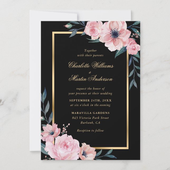 Elegant Blush Pink Black Gold Floral Wedding Invitation (Front)