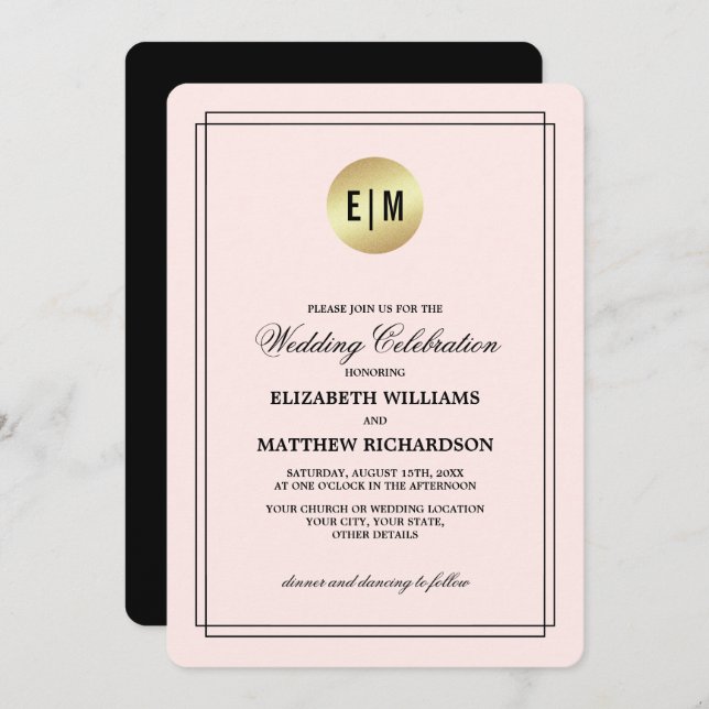 Elegant Blush Pink | Black | Gold Wedding Invitation (Front/Back)