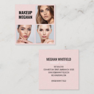 Elegant Blush Pink Black Modern 3 Photo Makeup Square Business Card