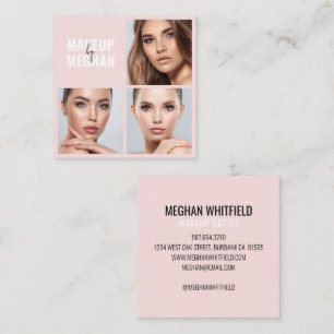 Elegant Blush Pink Black Modern 3 Photo Makeup Square Business Card