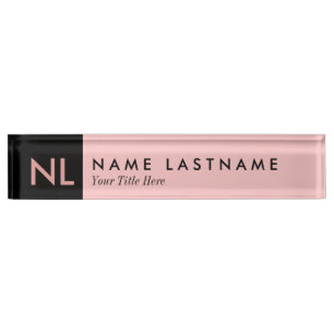Elegant Blush Pink Black Monogram Desk Nameplate