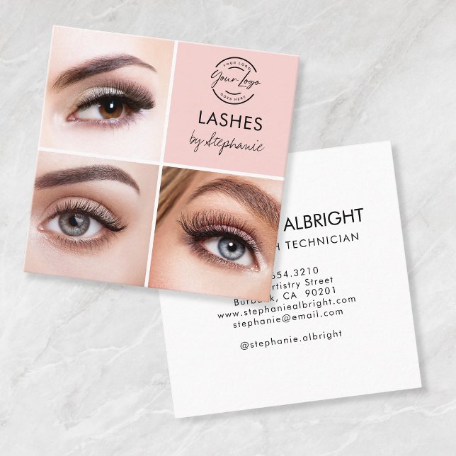 Elegant Blush Pink Black Script 3 Photo Lashes Square Business Card (Creator Uploaded)