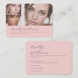 Elegant Blush Pink Black Script 3 Photo Makeup Business Card