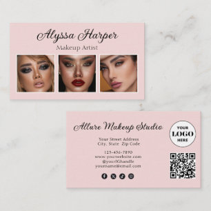 Elegant Blush Pink Black Script 3 Photo Makeup Business Card
