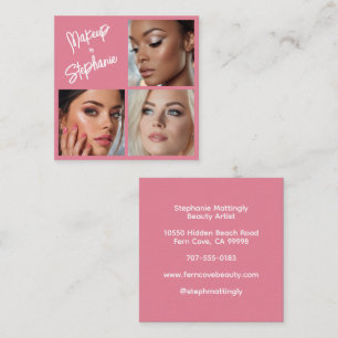 Elegant Blush Pink Black Script 3 Photo Makeup Square Business Card
