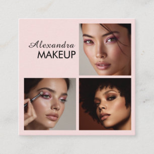 Elegant Blush Pink Black Script 3 Photo Makeup Square Business Card