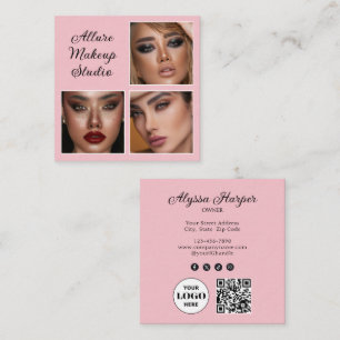 Elegant Blush Pink Black Script 3 Photo Makeup Square Business Card