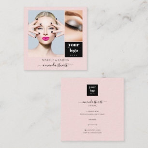 Elegant Blush Pink Black Script 3 Photo Makeup Square Business Card