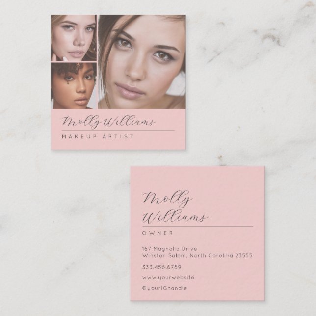 Elegant Blush Pink Black Script 3 Photo Makeup Square Business Card (Front/Back)