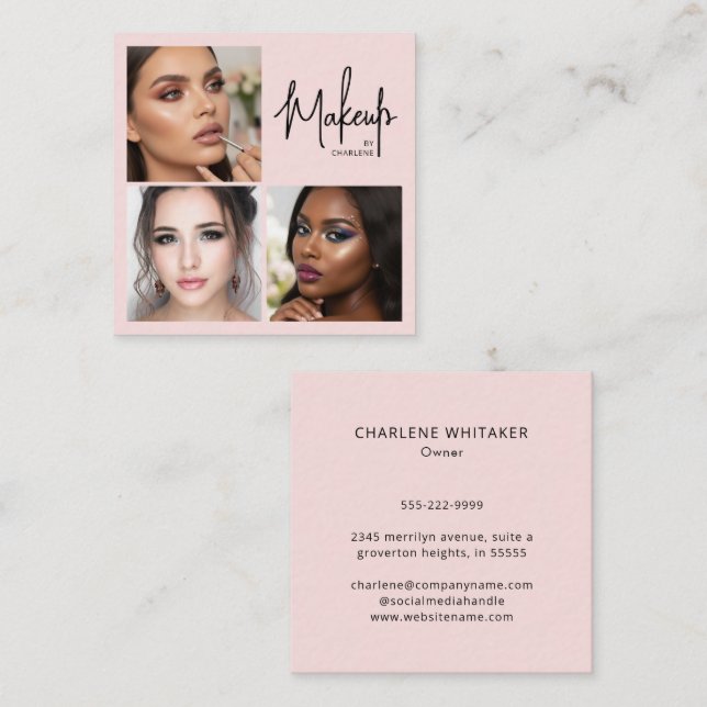 Elegant Blush Pink Black Script 3 Photo Makeup Square Business Card (Front/Back)