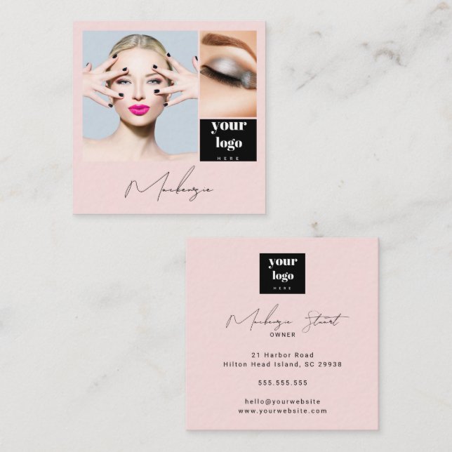 Elegant Blush Pink Black Script 3 Photo Makeup Square Business Card (Front/Back)