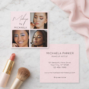 Elegant Blush Pink Black Script 3 Photo Makeup Square Business Card