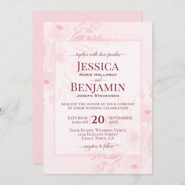 Elegant Blush Pink Boho Chic Floral Wedding Invitation (Front/Back)