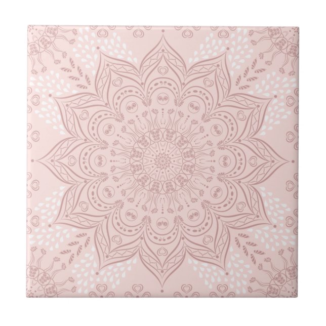 Elegant Blush Pink Boho Mandala Ceramic Tile (Front)