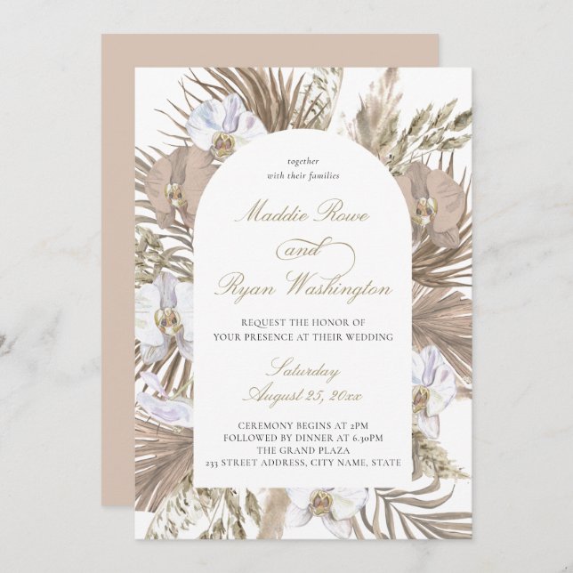 Elegant Blush Pink Boho Pampas Floral Arch Wedding Invitation (Front/Back)