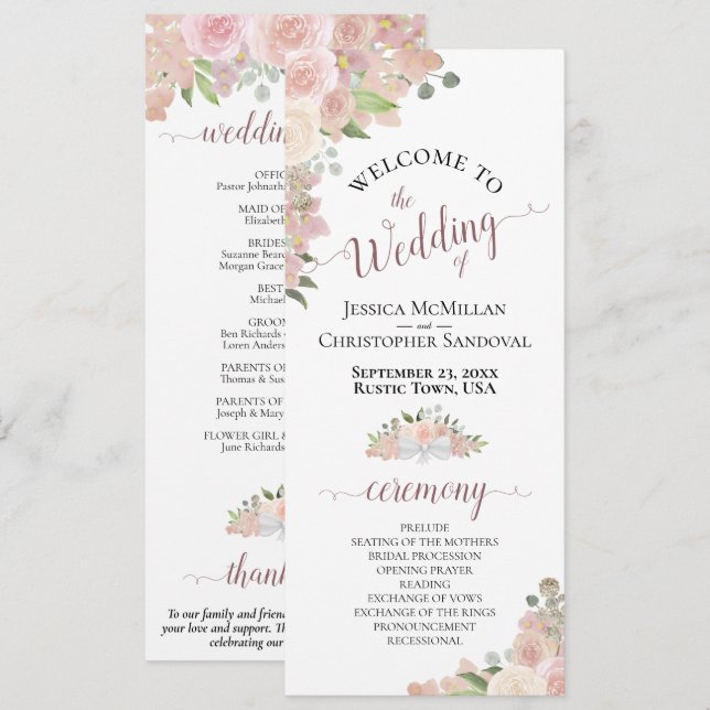 Elegant Blush Pink Boho Watercolor Floral Wedding Program (Front/Back)