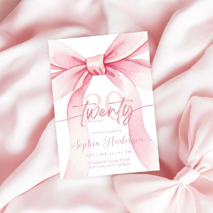 Elegant Blush Pink Bow 20th Birthday Invitation