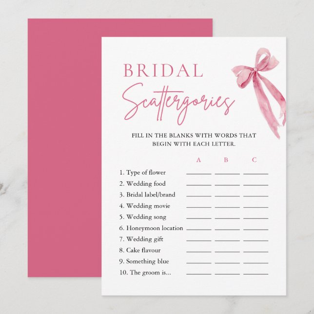 Elegant Blush Pink Bow Bridal Scattergories Game Invitation (Front/Back)