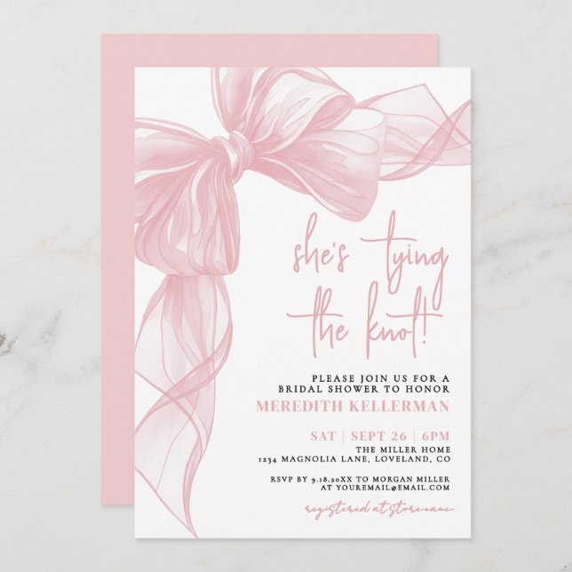 Elegant Blush Pink Bow Bridal Shower Invitation (Front/Back)