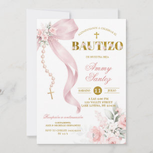 Elegant Blush Pink Bow Coquette Rosary Baptis Invitation
