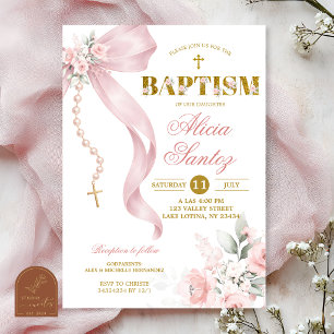 Elegant Blush Pink Bow Coquette Rosary Baptism Inv Invitation