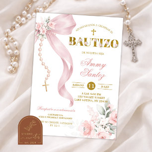 Elegant Blush Pink Bow Coquette Rosary Bautizo Invitation