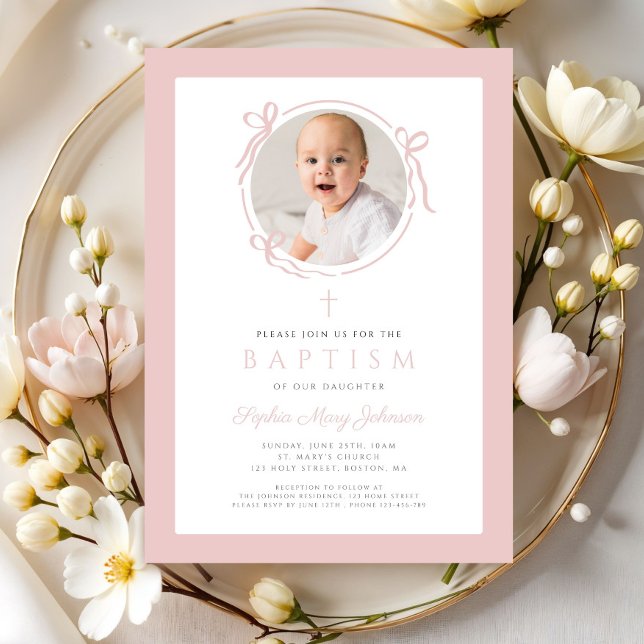 Elegant Blush Pink Bow Photo Baptism Invitation (Elegant Blush Pink Bow Photo Baptism Invitation)