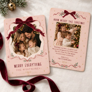 Elegant Blush Pink Burgundy Bow Family Photo Holiday Card