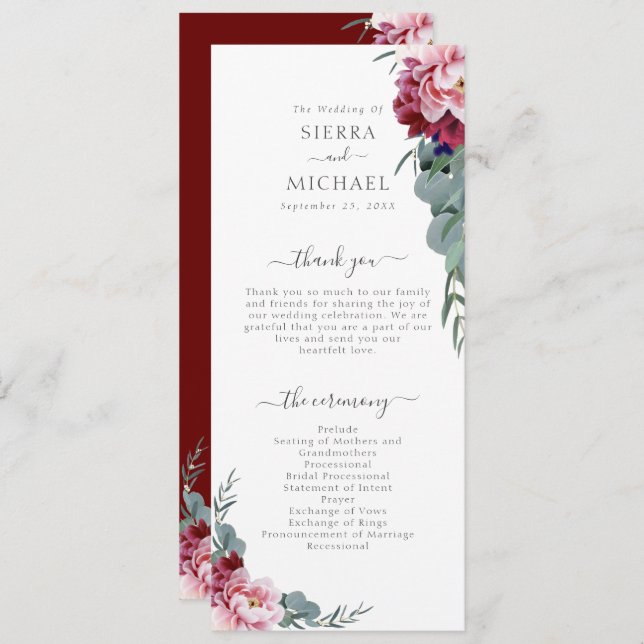 Elegant Blush Pink Burgundy Floral Foliage Wedding Program (Front/Back)