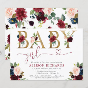 Elegant blush pink burgundy floral girl baby invitation