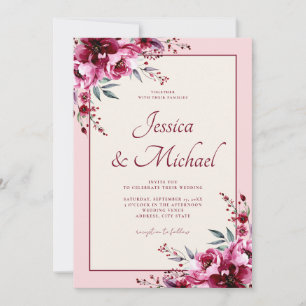 Elegant Blush Pink Burgundy Floral Wedding Invitation