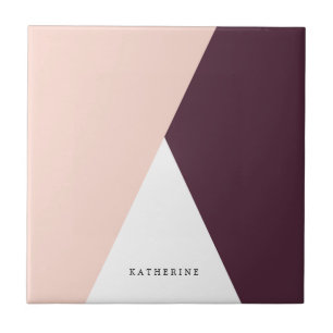 Elegant blush pink & burgundy geometric triangles ceramic tile