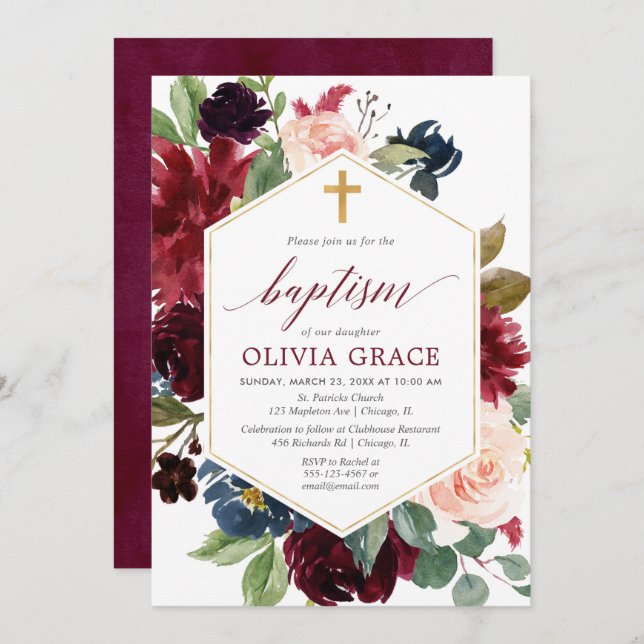 Elegant blush pink burgundy navy girl baptism invitation (Front/Back)
