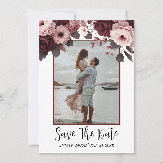 Elegant Blush Pink Burgundy Rose Save The Date (Front)