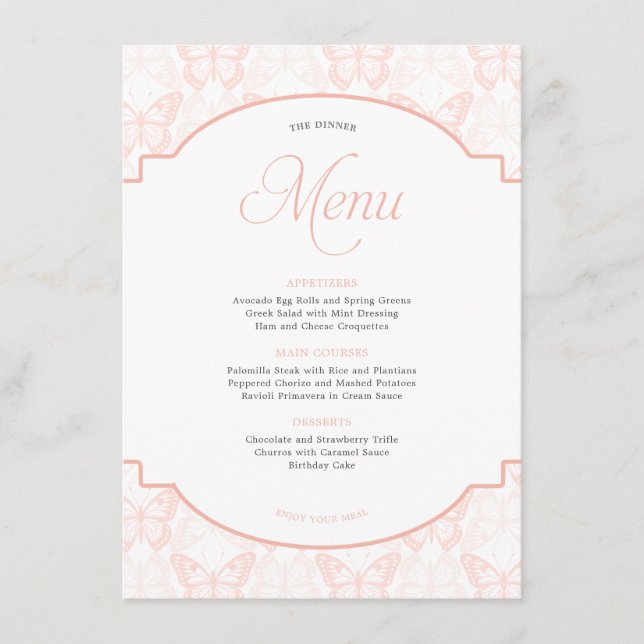 Elegant Blush Pink Butterfly Quinceanera Party Menu (Front)