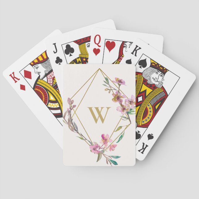 ELEGANT BLUSH PINK CHERRY BLOSSOM FLORAL MONOGRAM PLAYING CARDS (Back)