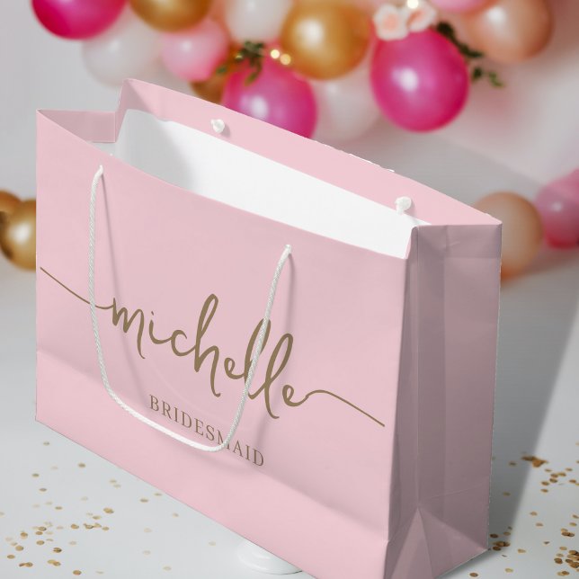Elegant Blush Pink Chic Gold Monogram Script Large Gift Bag (Creator Uploaded)